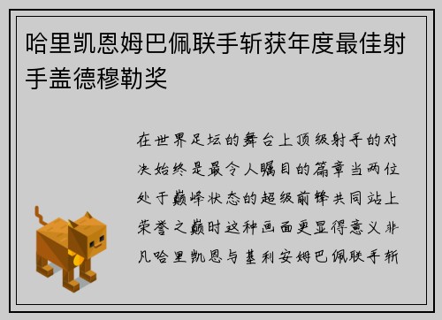 哈里凯恩姆巴佩联手斩获年度最佳射手盖德穆勒奖